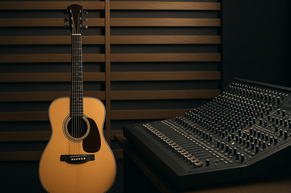 A studio setup with acoustic guitar and mixing console, representing country type beats.