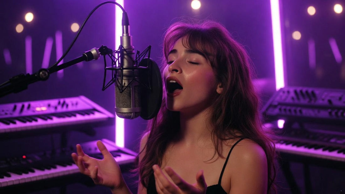 Modern pop singer recording vocals in a studio over clean, contemporary pop type beats