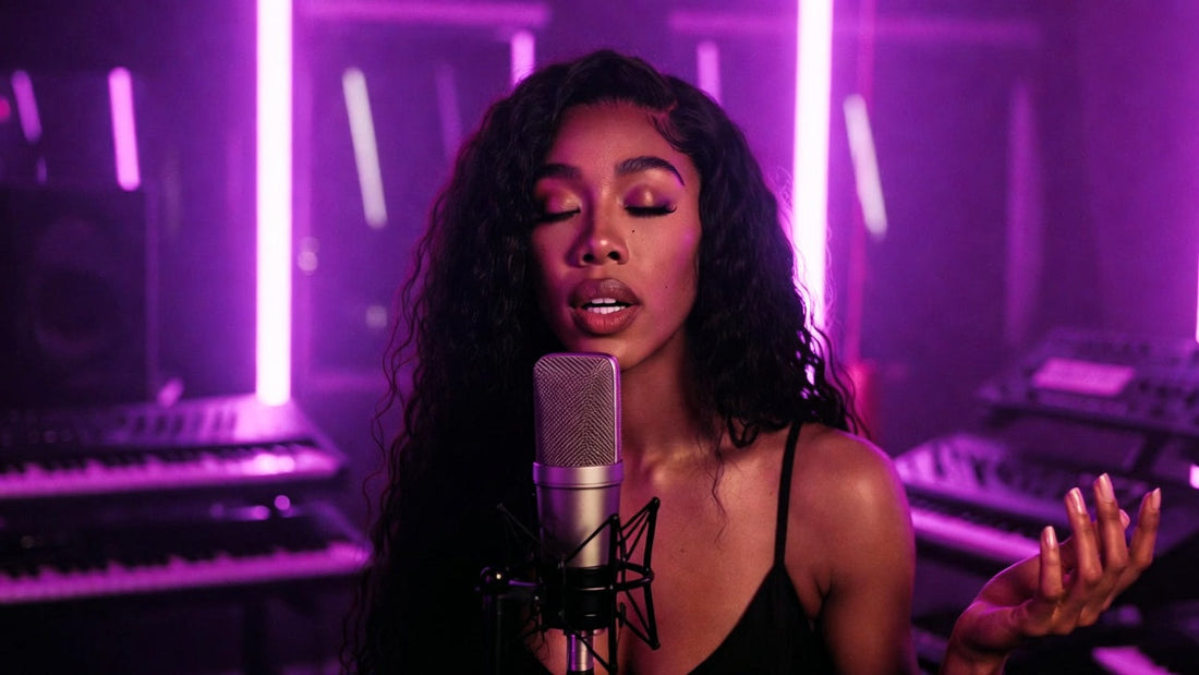 Female singer recording vocals in a studio over pop and R&B type beats designed for female voices