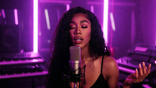 Female singer recording vocals in a studio over pop and R&B type beats designed for female voices