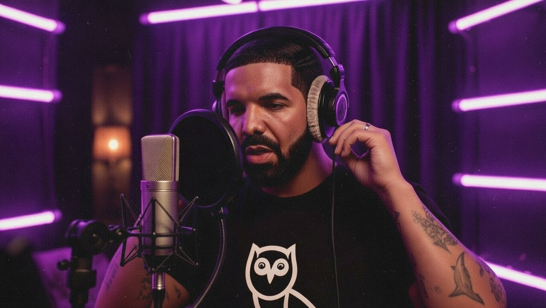 Drake-inspired artist recording emotional R&B vocals in a studio over a modern trapsoul type beat