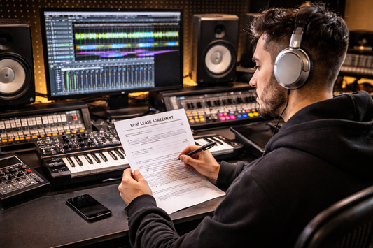 Artist reviewing beat lease agreement in professional recording studio