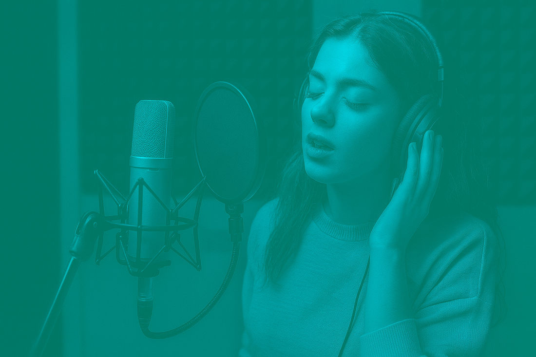 pop singer recording vocals in a studio with headphones and a microphone, captured with a modern color overlay for a pop type beat themed blog.