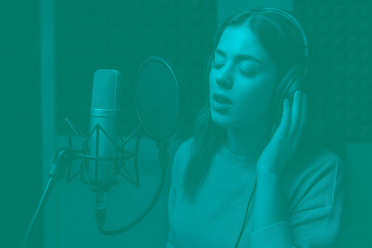 pop singer recording vocals in a studio with headphones and a microphone, captured with a modern color overlay for a pop type beat themed blog.