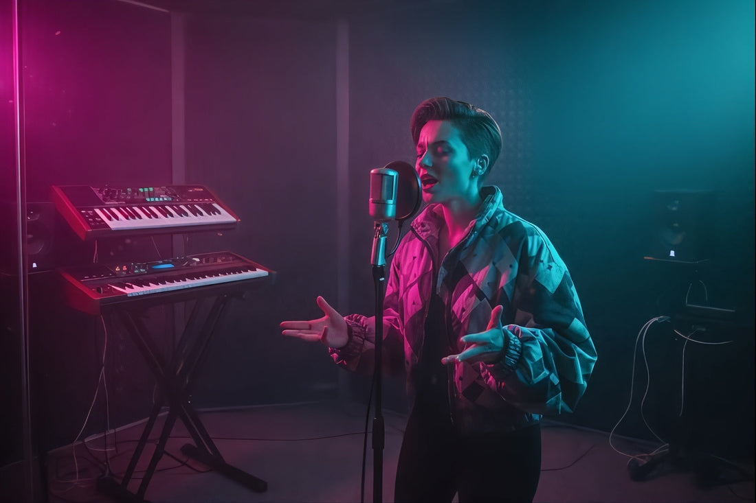 Singer recording vocals in a studio over synth pop  type beats designed for vocal-focused songs