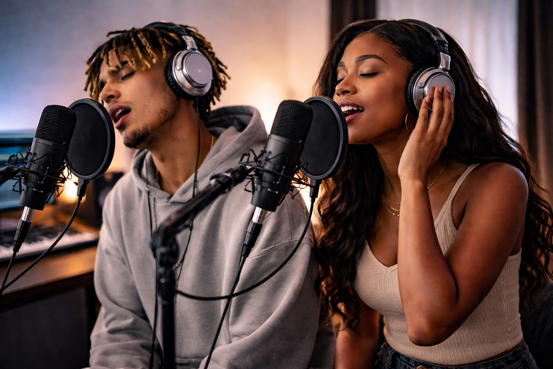 Male trap rap rapper and female R&B Pop singer recording melodic instrumental beat in home studio