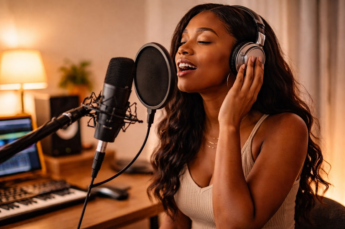 Female R&B singer recording vocals in warm home studio environment