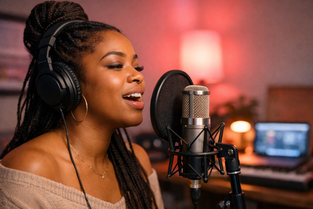 African American female R&B singer recording vocals in home studio for r&b beats for sale blog