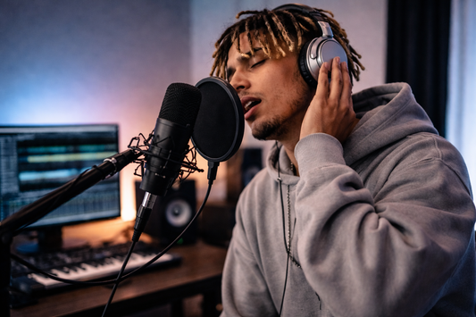 Male rapper recording melodic trap vocals in home studio environment