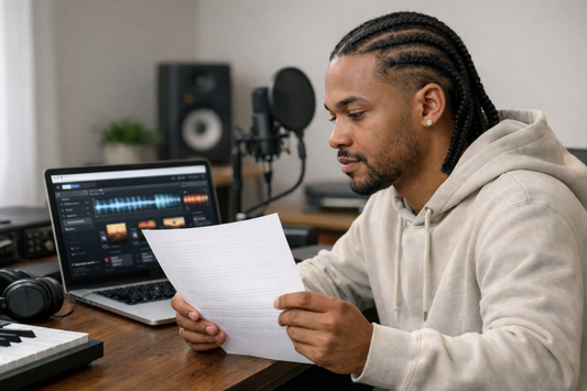 Artist rapper singer reviewing beat lease agreement in home studio