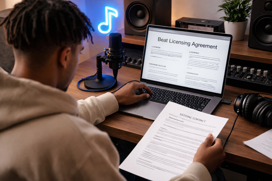 Independent artist reviewing beat leasing agreement in home studio