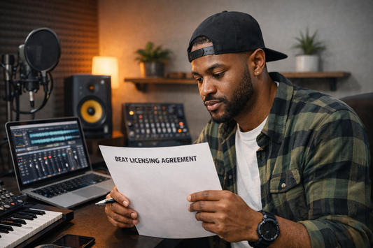 Independent artist reviewing beat licensing agreement in home studio