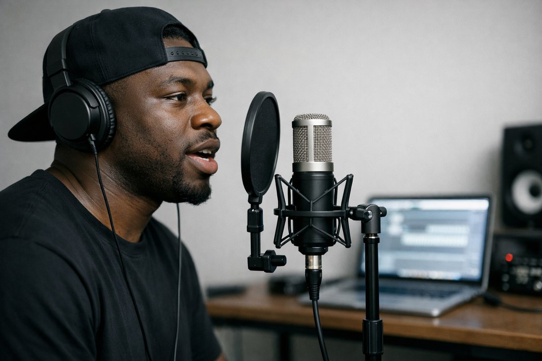 Rapper performing freestyle over hip hop instrumental in home studio