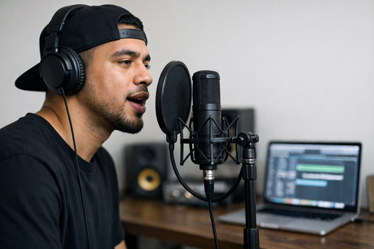 Male rapper recording lyrical rap over piano-driven hip hop beat in home studio