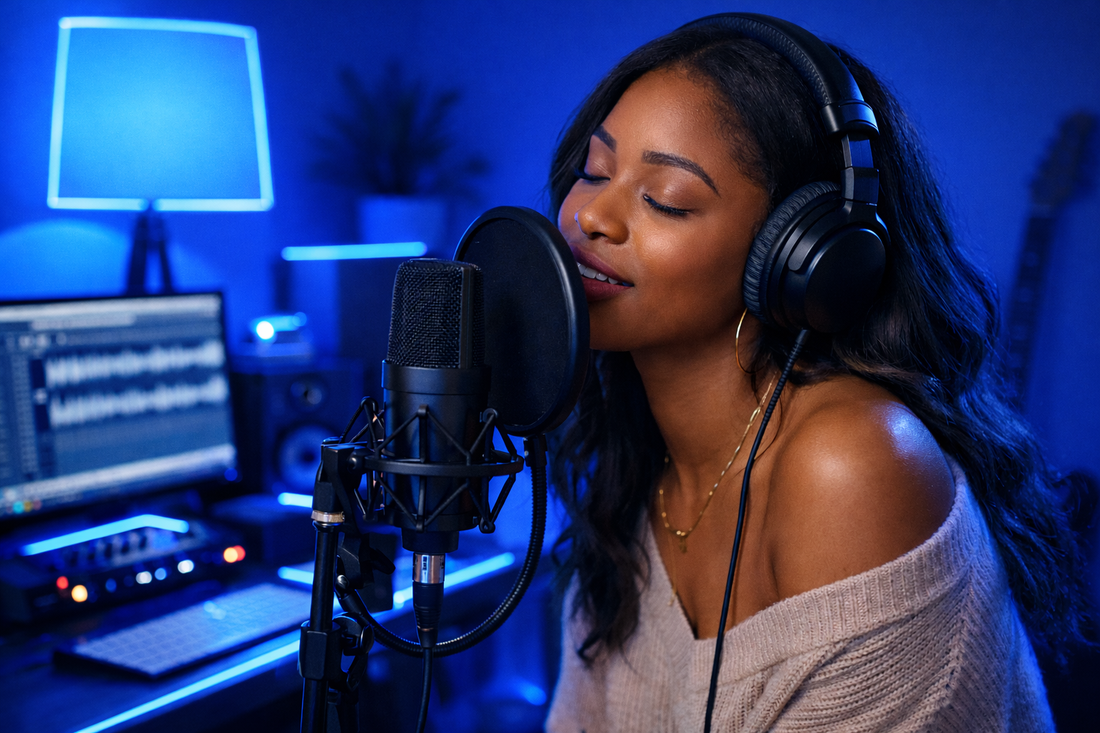 Female R&B singer recording over cool beats in home studio