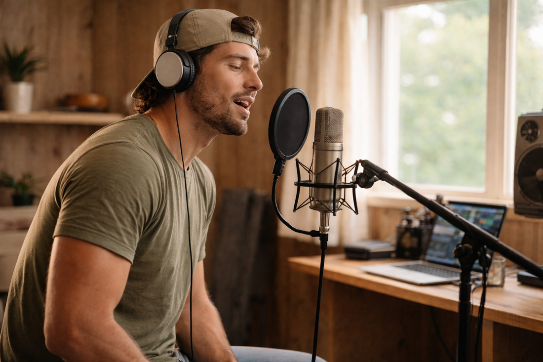 Country singer recording acoustic guitar country beat in home studio