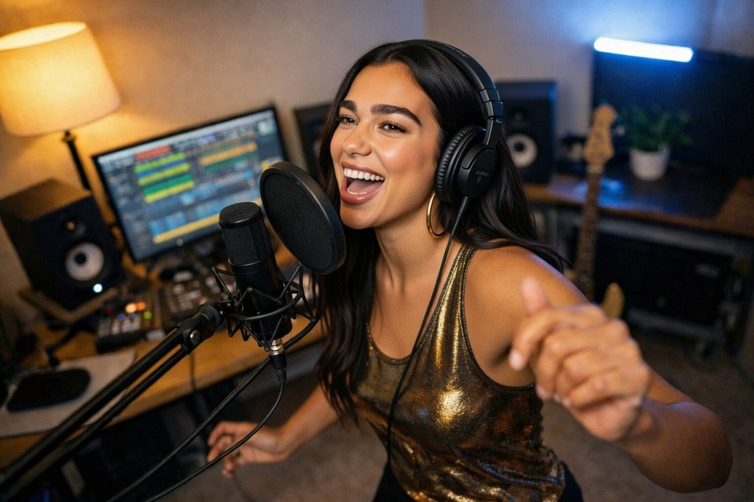 Pop singer performing over modern funk disco pop beat in home studio
