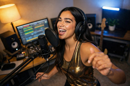 Pop singer performing over modern funk disco pop beat in home studio