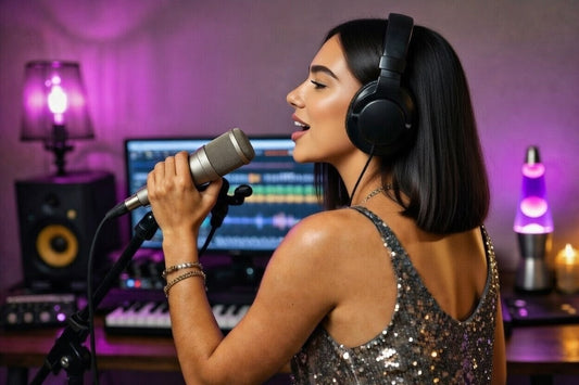 Female pop singer performing over disco beats in home studio