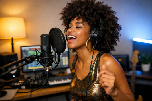 Pop singer performing over modern funk beat in home studio