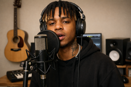 Male rapper recording over guitar beats in home studio