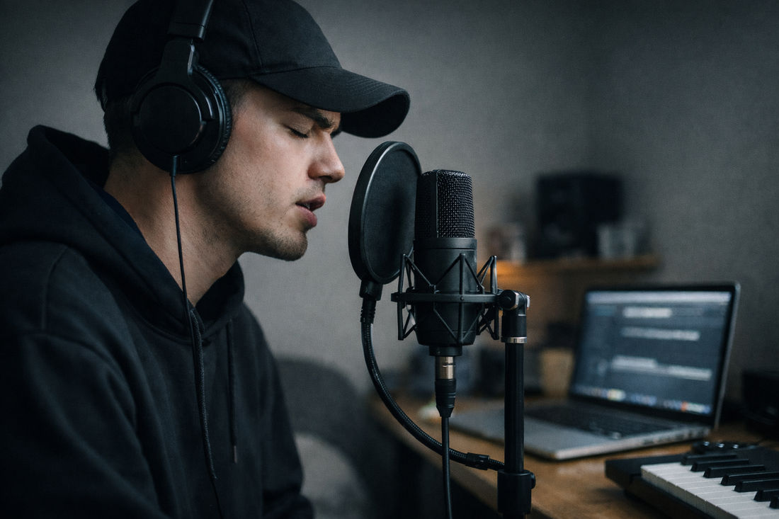 Male rapper recording emotional hip hop type beat vocals in home studio