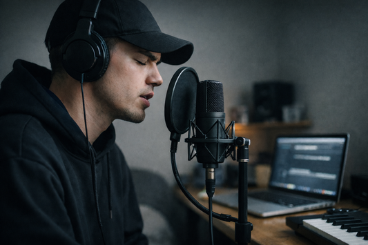 Male rapper recording emotional hip hop type beat vocals in home studio