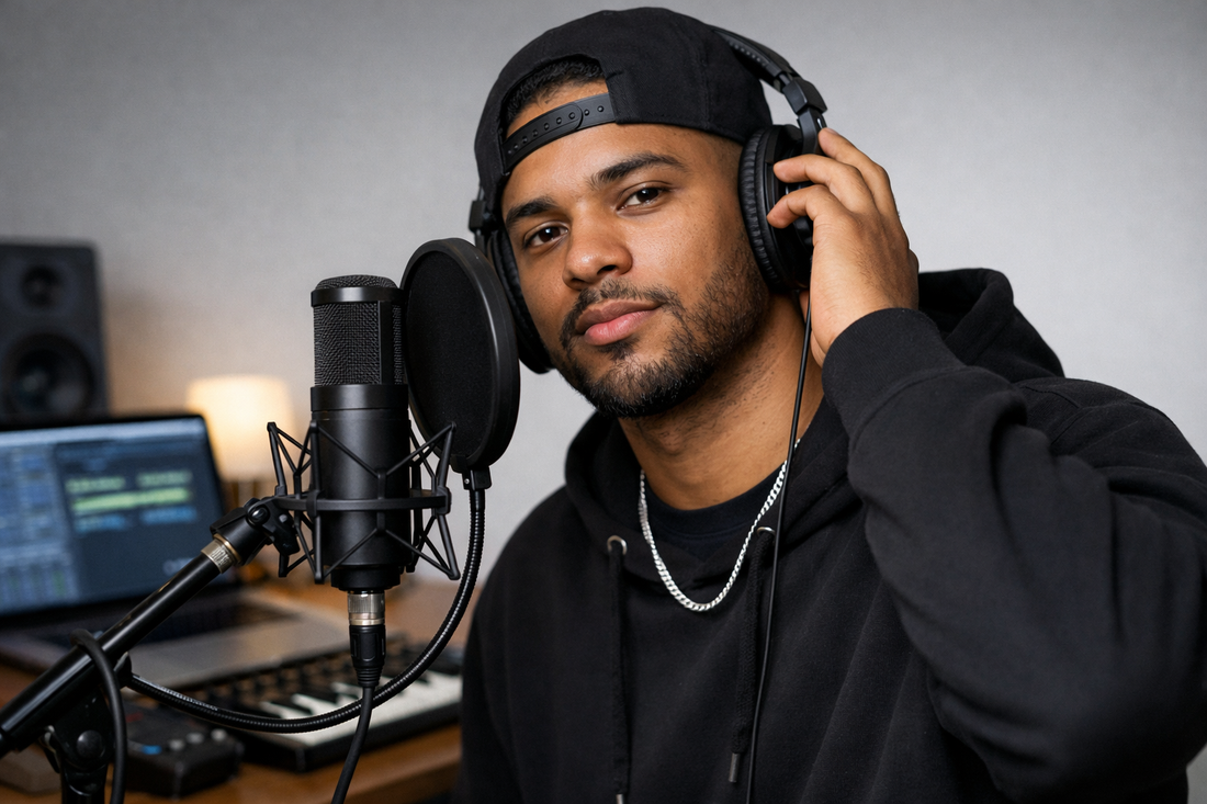Rapper recording over melodic instrumental beat in home studio