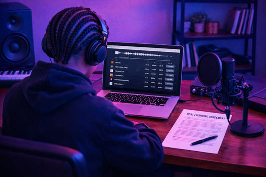 Singer reviewing beat lease agreement on laptop in home studio