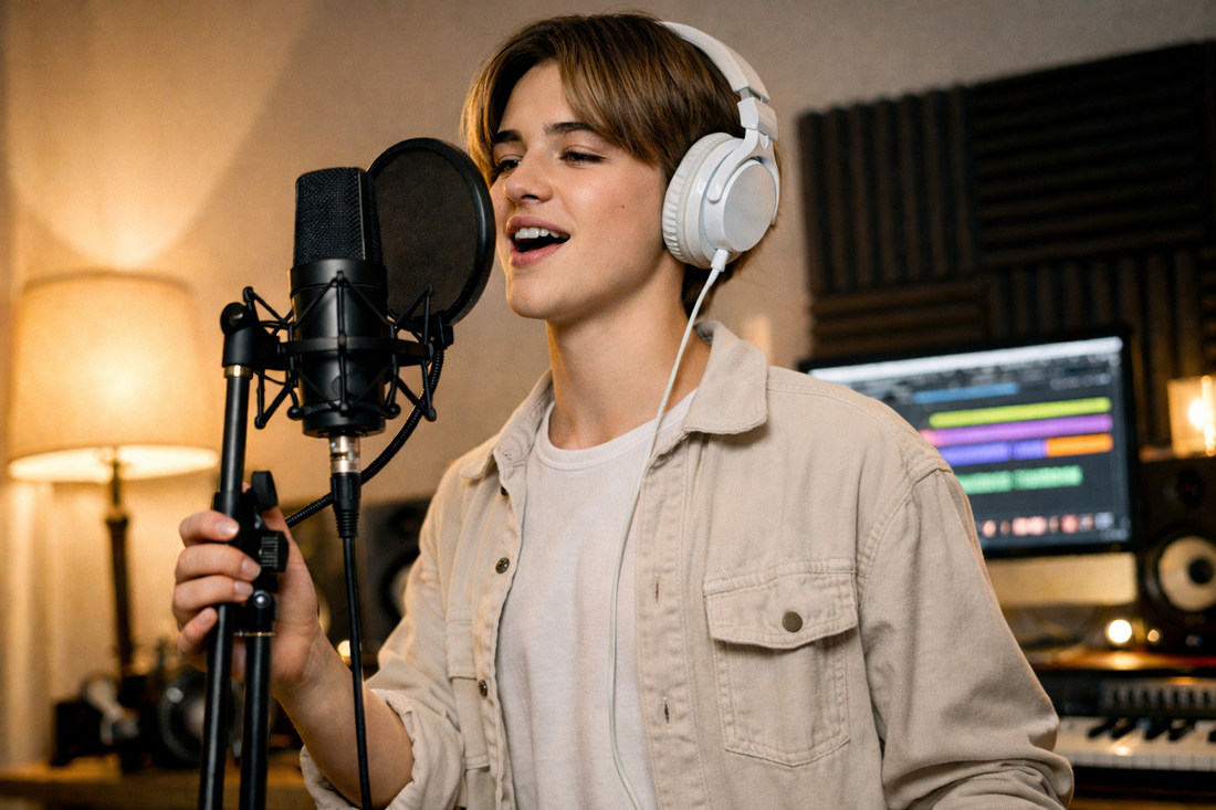 Young pop singer performing over modern pop beat in home studio