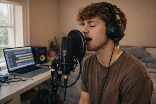 modern pop singer singing in a home studio to modern pop type beats pop beats instrumentals for singers