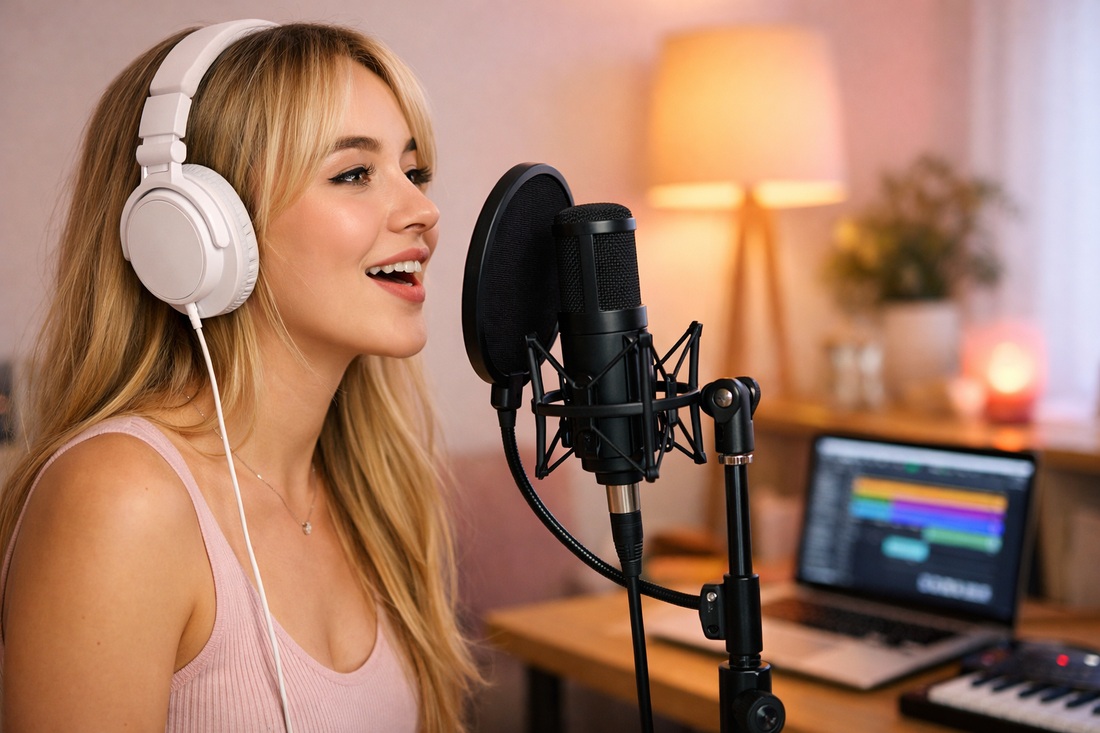 Female pop singer recording over funk-inspired pop beat in home studio