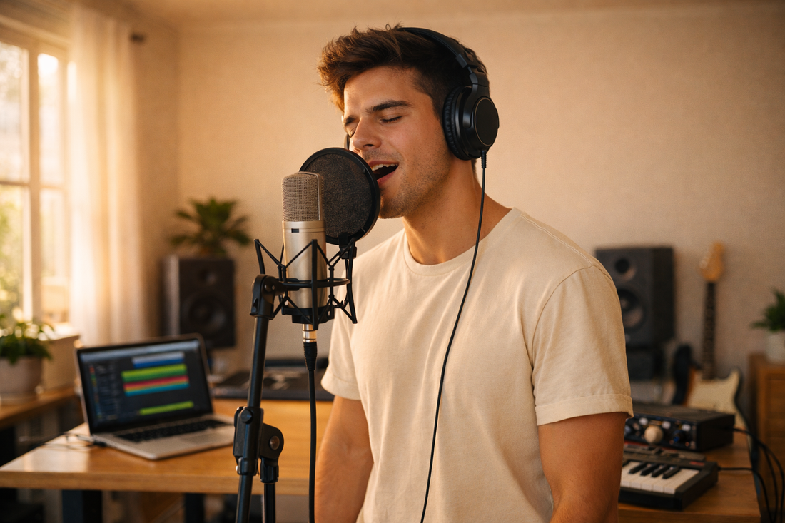 Pop singer performing over modern pop beats in home studio
