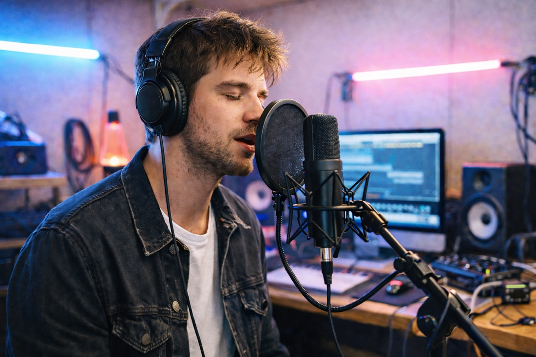 Male pop singer recording over pop instrumental in neon-lit home studio