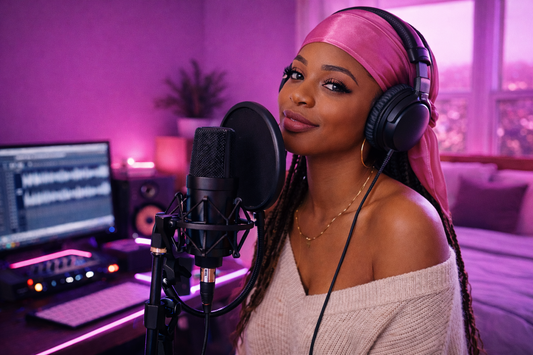 Female R&B singer recording over R&B beats for sale in home studio