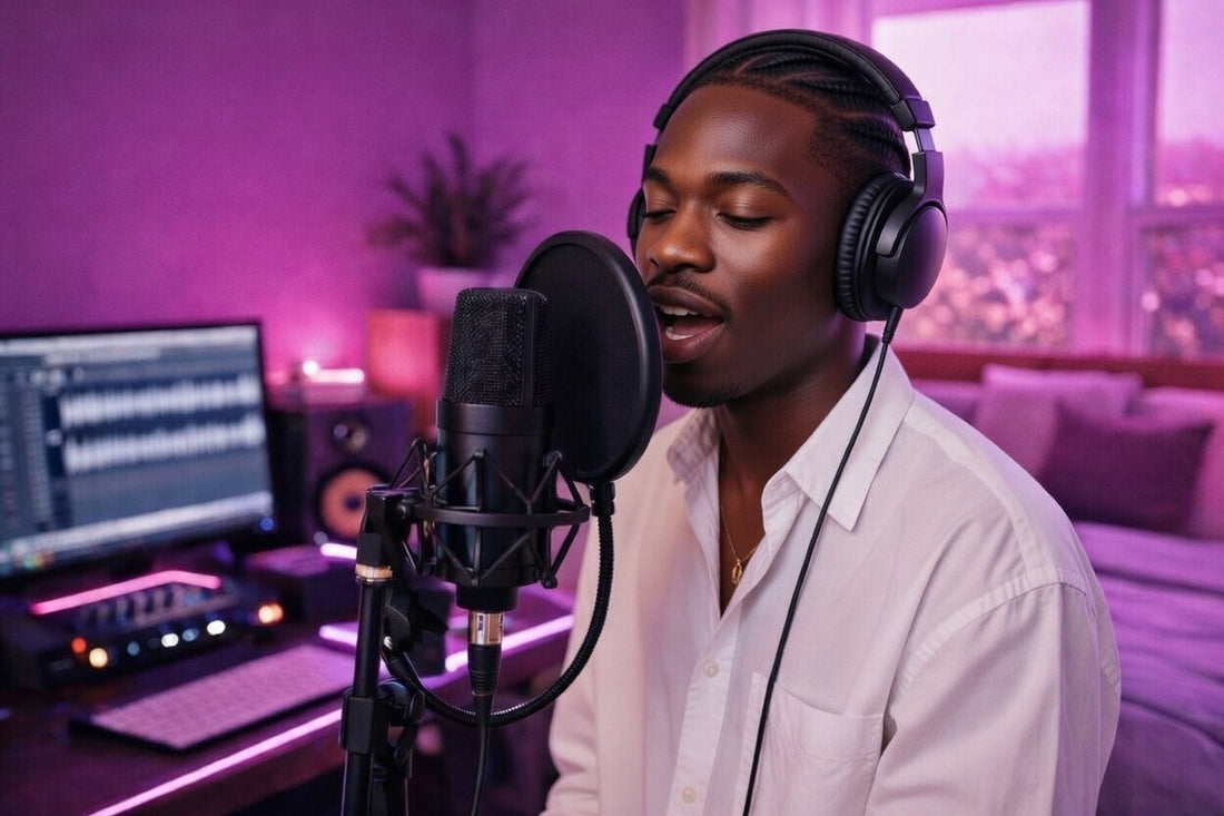 Male R&B singer rapper performing over R&B beats type beat in home studio