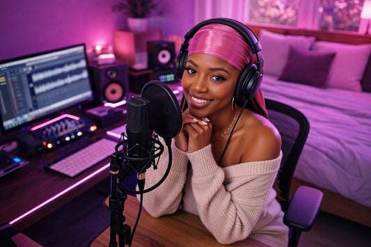 Female R&B singer recording over R&B instrumentals in home studio