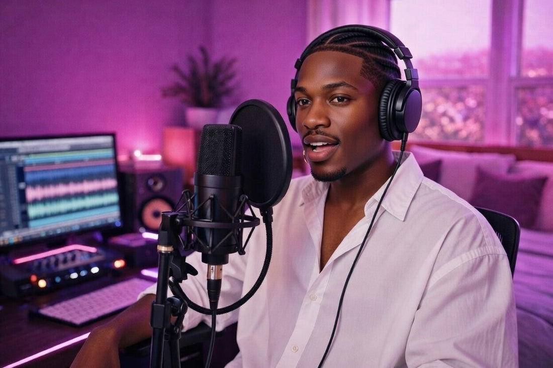 male R&B singer rapper recording over rnb type beat trap soul type beat in home studio