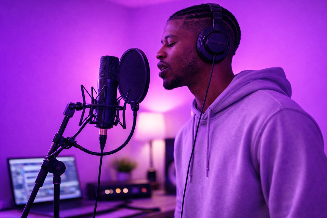 Male R&B singer recording over modern rnb type beat in home studio