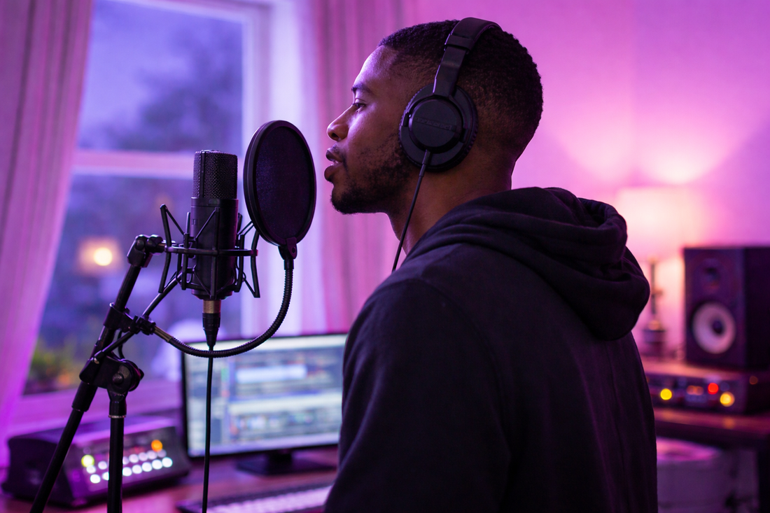Male R&B singer recording over modern trap soul beat in home studio