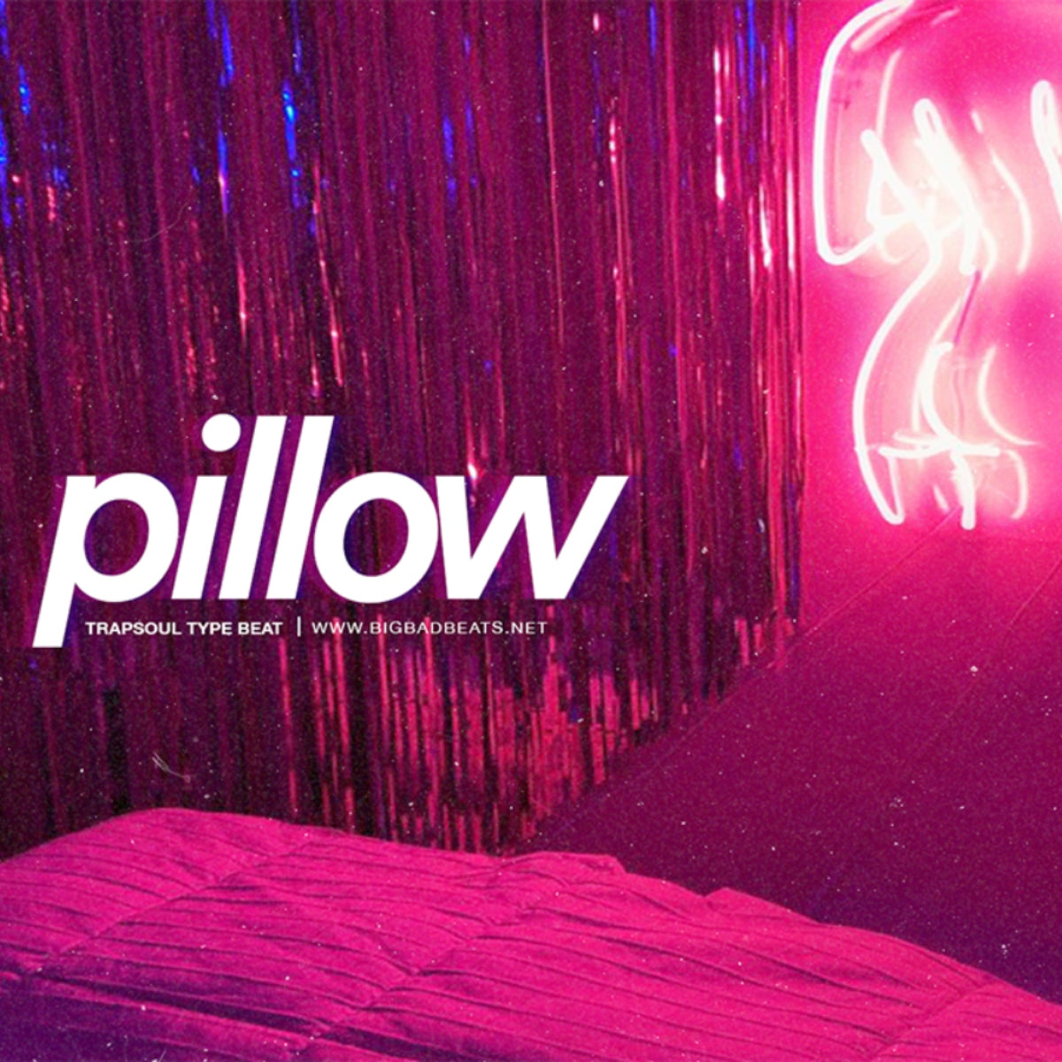 The image features a vibrant and colorful neon-lit background with the word 'PILLOW' prominently displayed in a futuristic font, suggesting a vibe similar to that of a modern R&B or hip hop beat. The setting appears to be a sleek, modern studio with a bed in the foreground, highlighting the 'trap soul' genre vibe.